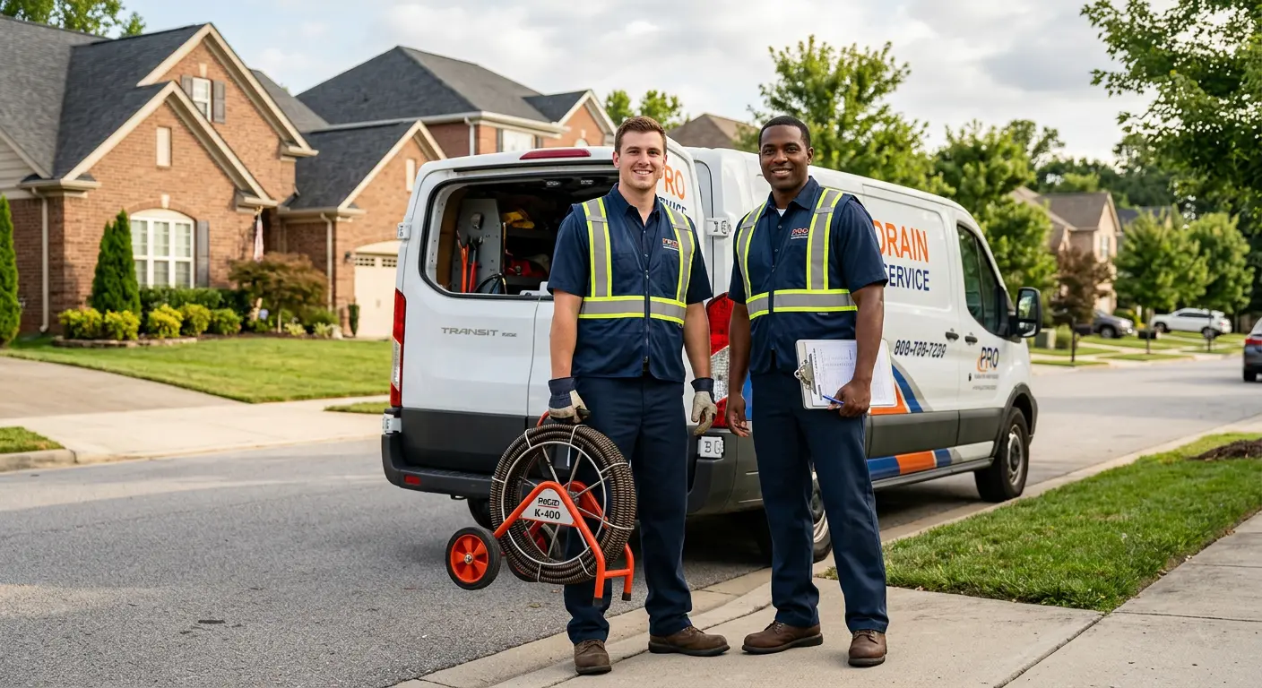 Sewer and drain service team with equipment ready for work in Ashland