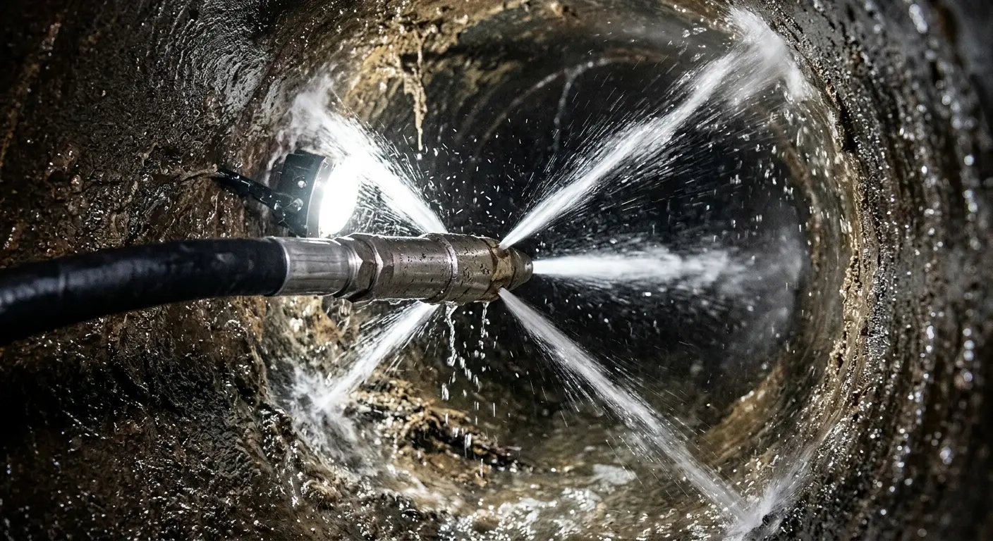 High-pressure hydro jetting nozzle cleaning sewer pipe for Emergency Drain Service in Ashland