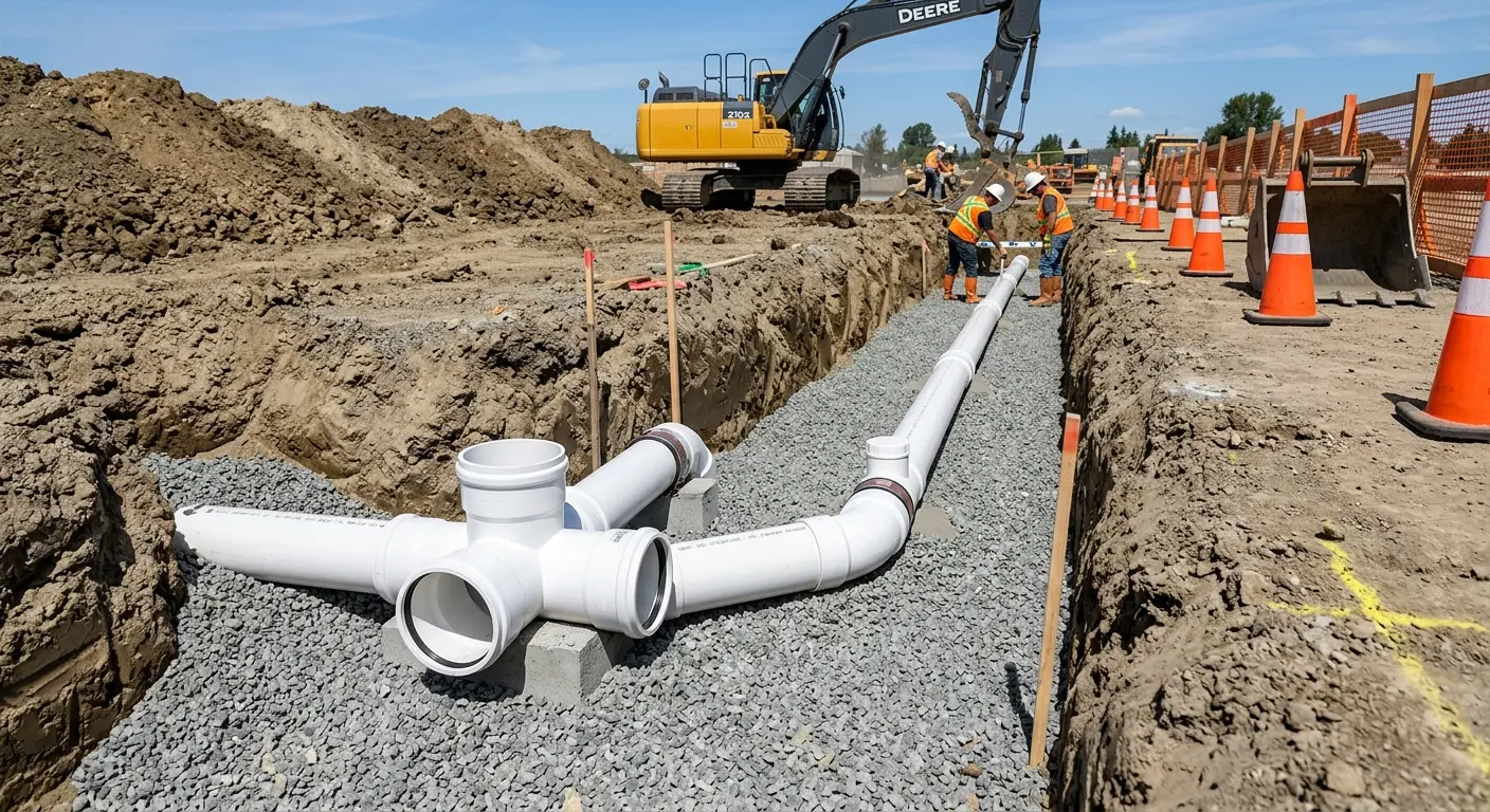 New PVC sewer pipe installation in open trench for Sewer Backup in Ashland